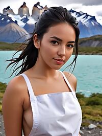 In Torres del Paine National Park a petite 19 year old Hispanic woman with black hair