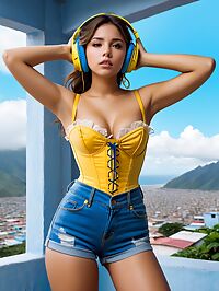 A beautiful latina girl in a yellow corset dancing to music in Ecuador's vibrant streets